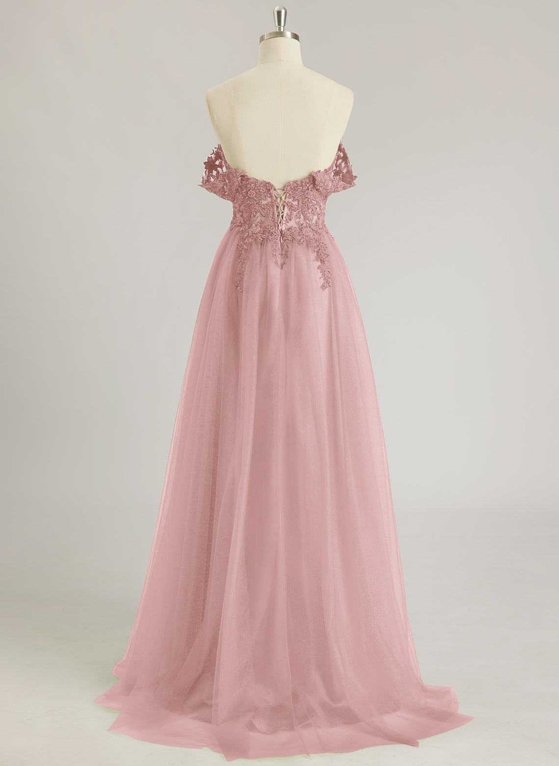 A-line Off the Shoulder Sweep Train Tulle Prom Dresses With Sequins Appliques Lace Beading