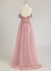 A-line Off the Shoulder Sweep Train Tulle Prom Dresses With Sequins Appliques Lace Beading