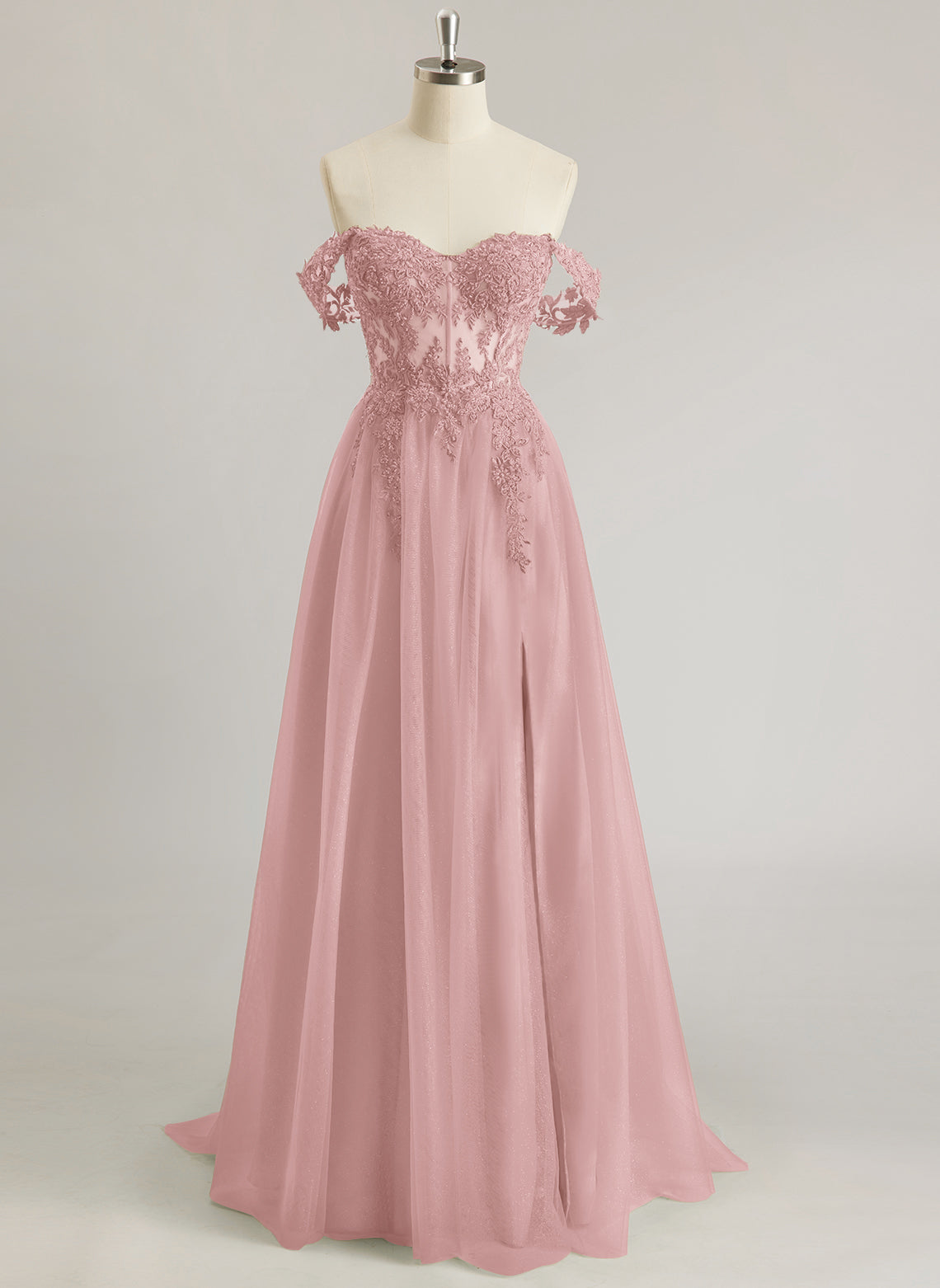 A-line Off the Shoulder Sweep Train Tulle Prom Dresses With Sequins Appliques Lace Beading