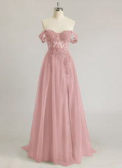 A-line Off the Shoulder Sweep Train Tulle Prom Dresses With Sequins Appliques Lace Beading