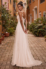 Spaghetti Straps V-Neck Sweet & Flow Rhinestone Tulle A-line Maxi Dress
