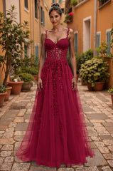 Spaghetti Straps V-Neck Sweet & Flow Rhinestone Tulle A-line Maxi Dress