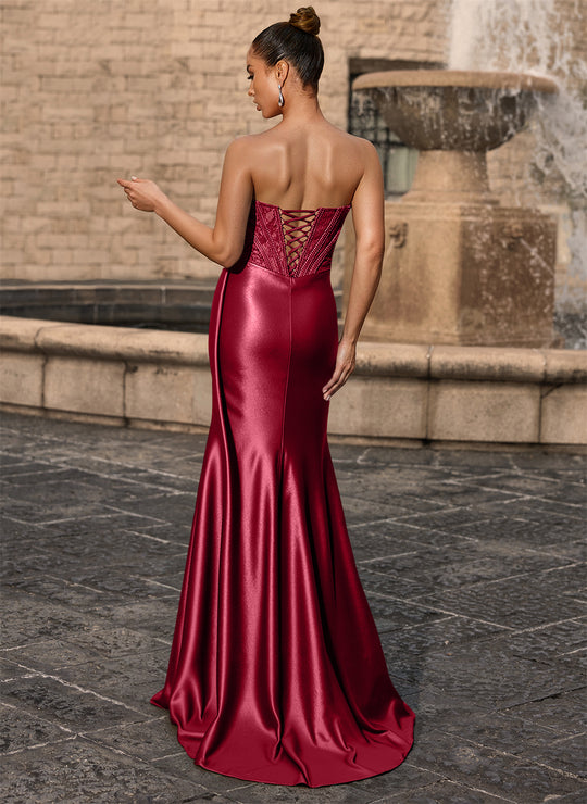 Trumpet/Mermaid Scoop Floor-Length Lace Jersey Prom Dresses With Beading