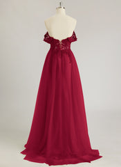 A-line Off the Shoulder Sweep Train Tulle Prom Dresses With Sequins Appliques Lace Beading