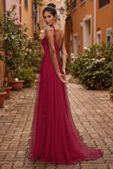 Spaghetti Straps V-Neck Sweet & Flow Rhinestone Tulle A-line Maxi Dress