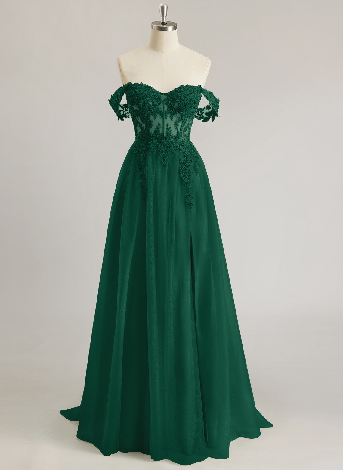 A-line Off the Shoulder Sweep Train Tulle Prom Dresses With Sequins Appliques Lace Beading