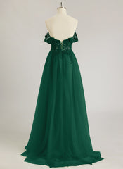 A-line Off the Shoulder Sweep Train Tulle Prom Dresses With Sequins Appliques Lace Beading