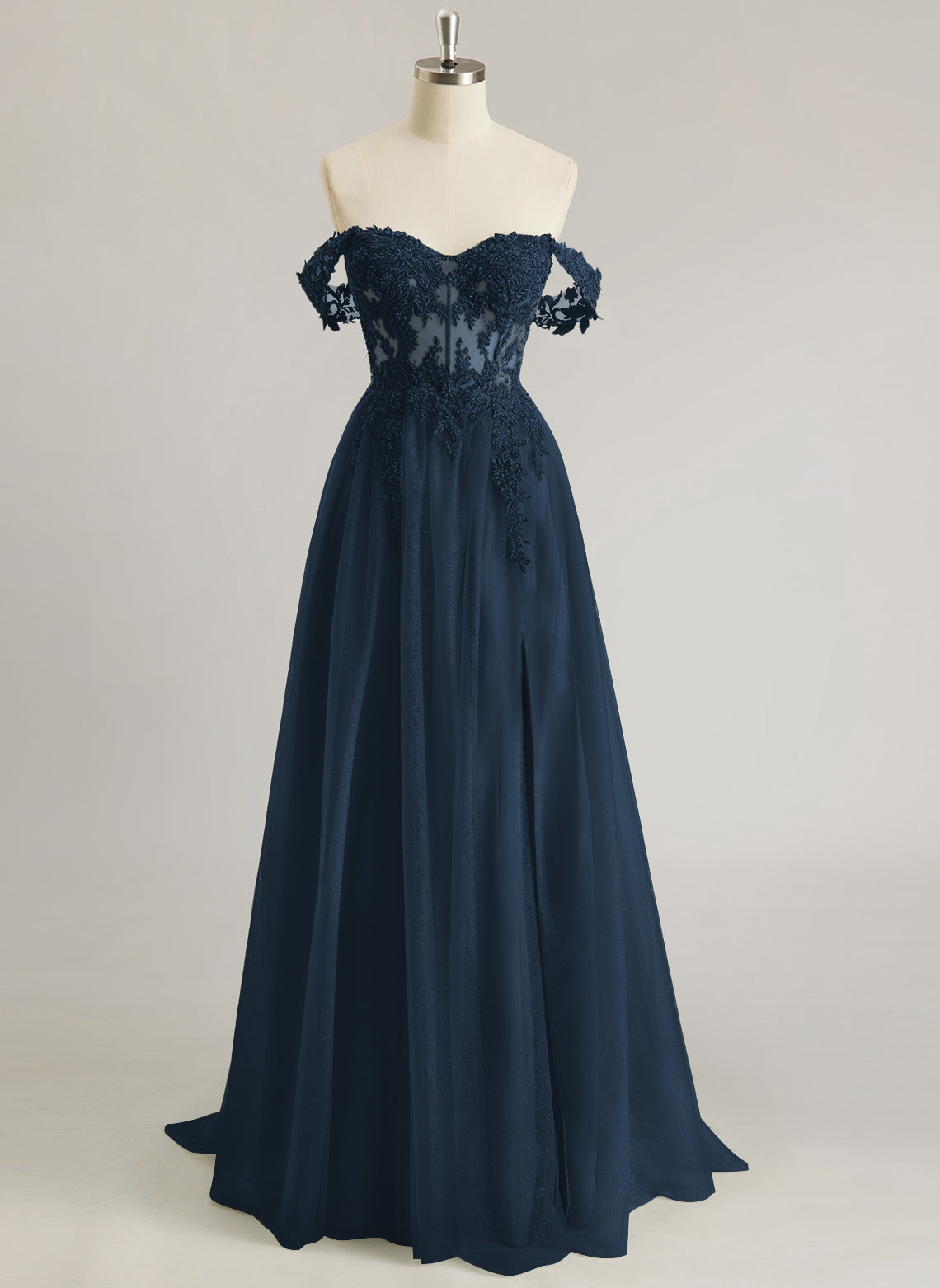 A-line Off the Shoulder Sweep Train Tulle Prom Dresses With Sequins Appliques Lace Beading