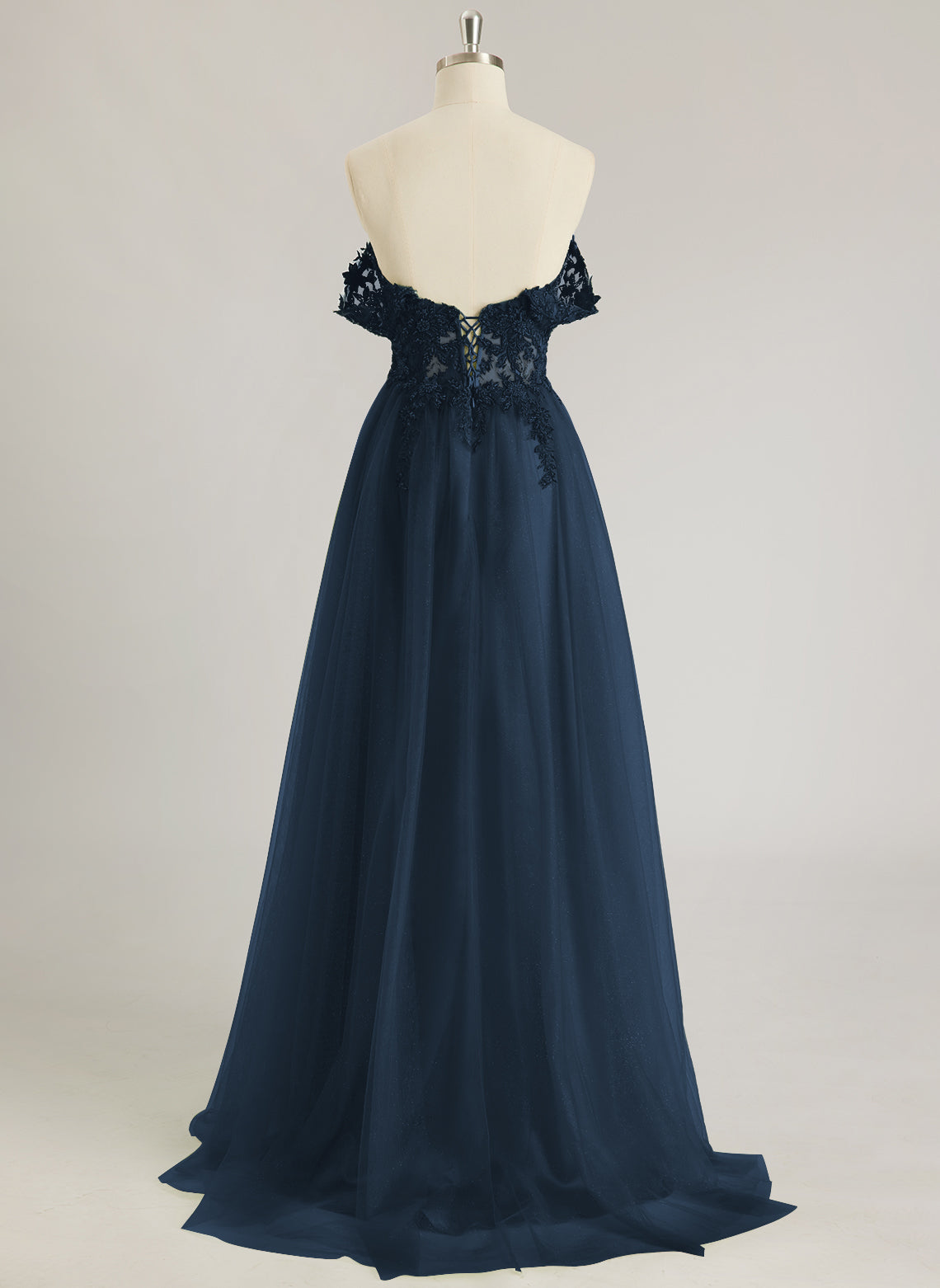 A-line Off the Shoulder Sweep Train Tulle Prom Dresses With Sequins Appliques Lace Beading