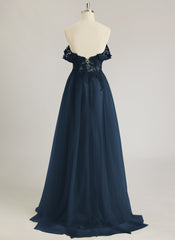 A-line Off the Shoulder Sweep Train Tulle Prom Dresses With Sequins Appliques Lace Beading