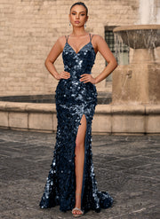 Sparkly Lace Up Back V-Neck Corset Sequin Mermaid Maxi Dress With Slit