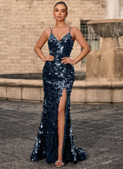 Sparkly Lace Up Back V-Neck Corset Sequin Mermaid Maxi Dress With Slit