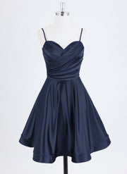 A-line Spaghetti Straps Short Satin Homecoming Dress With Pleated