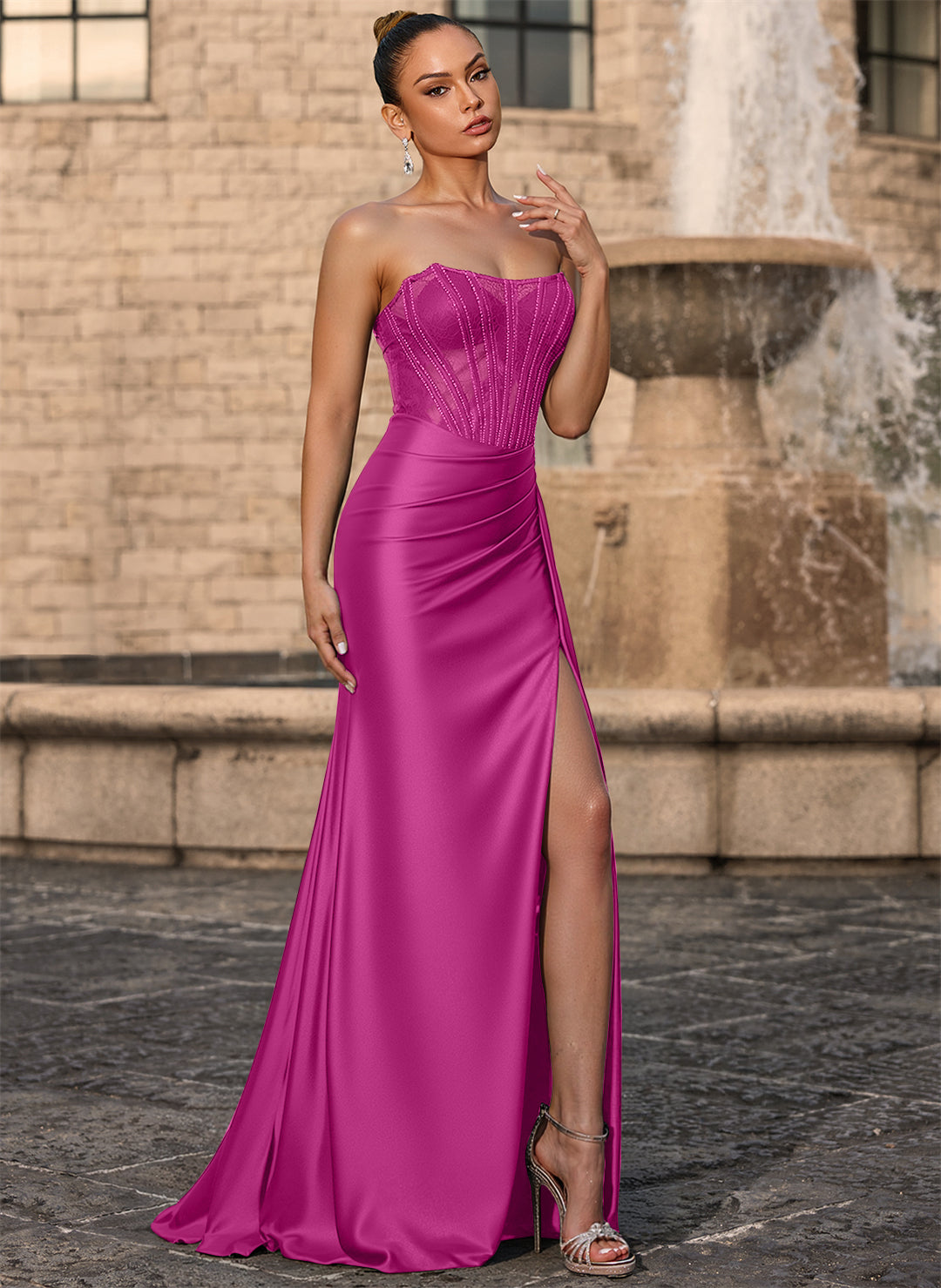 Trumpet/Mermaid Scoop Floor-Length Lace Jersey Prom Dresses With Beading