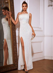 One Shoulder Feather Sequined Maxi Dress With Slit Striped