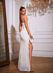 One Shoulder Feather Sequined Maxi Dress With Slit Striped
