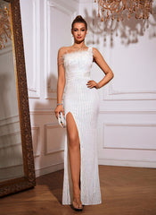 One Shoulder Feather Sequined Maxi Dress With Slit Striped