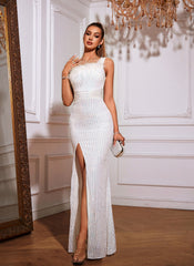 One Shoulder Feather Sequined Maxi Dress With Slit Striped