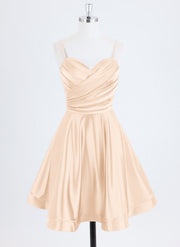 A-line Spaghetti Straps Short Satin Homecoming Dress With Pleated