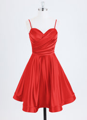 A-line Spaghetti Straps Short Satin Homecoming Dress With Pleated