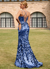 Sparkly Lace Up Back V-Neck Corset Sequin Mermaid Maxi Dress With Slit