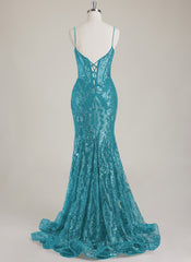 Spaghetti Straps V-Neck Corset Sequins Lace Trumpet/Mermaid Maxi Dress