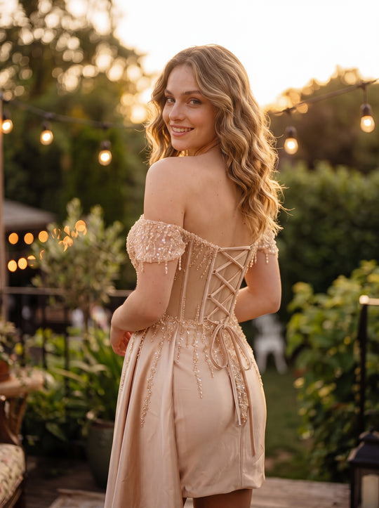 The Golden Hour Pearl Corset Satin Mini | Prom & HoCo
