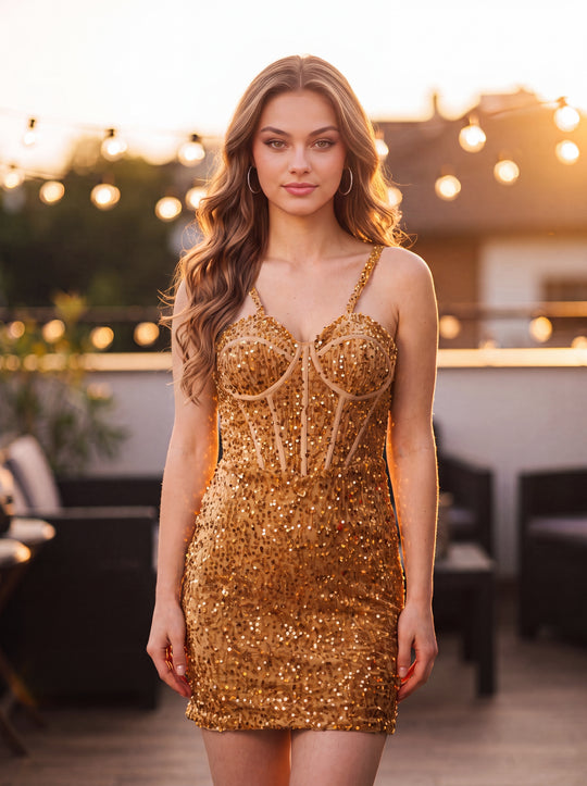 Golden Glam Sequin Corset Mini Dress | Prom & HoCo