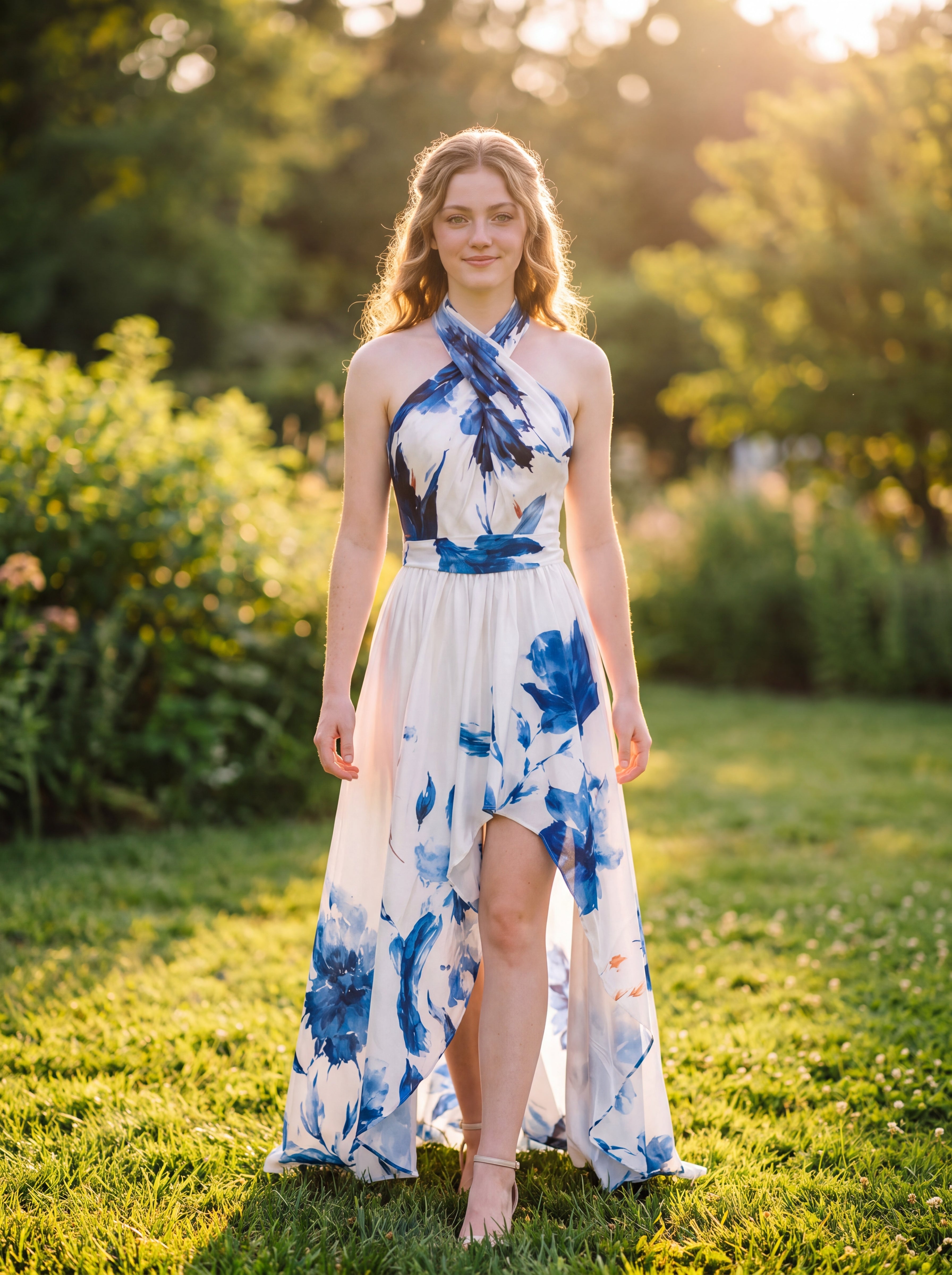 The Clean Floral Satin Halter High-Low Dress | Prom & Formal