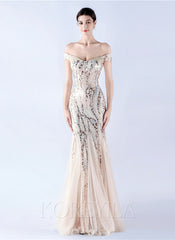 Off The Shoulder Tulle Sequin Mermaid Maxi Dresses