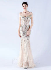 Off The Shoulder Tulle Sequin Mermaid Maxi Dresses