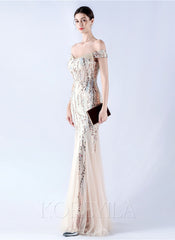 Off The Shoulder Tulle Sequin Mermaid Maxi Dresses