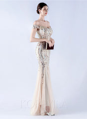 Off The Shoulder Tulle Sequin Mermaid Maxi Dresses