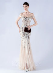 Off The Shoulder Tulle Sequin Mermaid Maxi Dresses