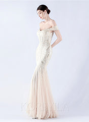 Off The Shoulder Tulle Sequin Mermaid Maxi Dresses