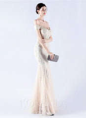 Off The Shoulder Tulle Sequin Mermaid Maxi Dresses