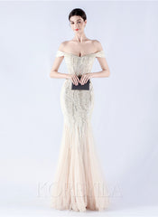 Off The Shoulder Tulle Sequin Mermaid Maxi Dresses