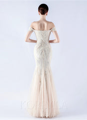 Off The Shoulder Tulle Sequin Mermaid Maxi Dresses