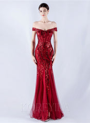 Off The Shoulder Tulle Sequin Mermaid Maxi Dresses