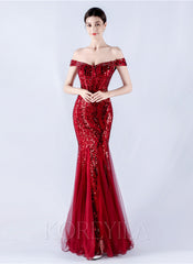 Off The Shoulder Tulle Sequin Mermaid Maxi Dresses