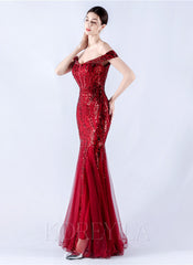 Off The Shoulder Tulle Sequin Mermaid Maxi Dresses