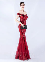Off The Shoulder Tulle Sequin Mermaid Maxi Dresses