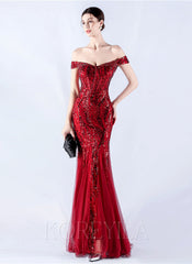 Off The Shoulder Tulle Sequin Mermaid Maxi Dresses