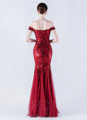 Off The Shoulder Tulle Sequin Mermaid Maxi Dresses