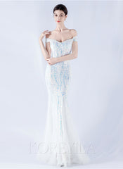 Off The Shoulder Tulle Sequin Mermaid Maxi Dresses