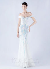 Off The Shoulder Tulle Sequin Mermaid Maxi Dresses