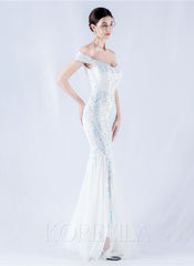 Off The Shoulder Tulle Sequin Mermaid Maxi Dresses
