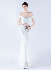 Off The Shoulder Tulle Sequin Mermaid Maxi Dresses