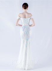 Off The Shoulder Tulle Sequin Mermaid Maxi Dresses