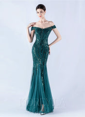 Off The Shoulder Tulle Sequin Mermaid Maxi Dresses